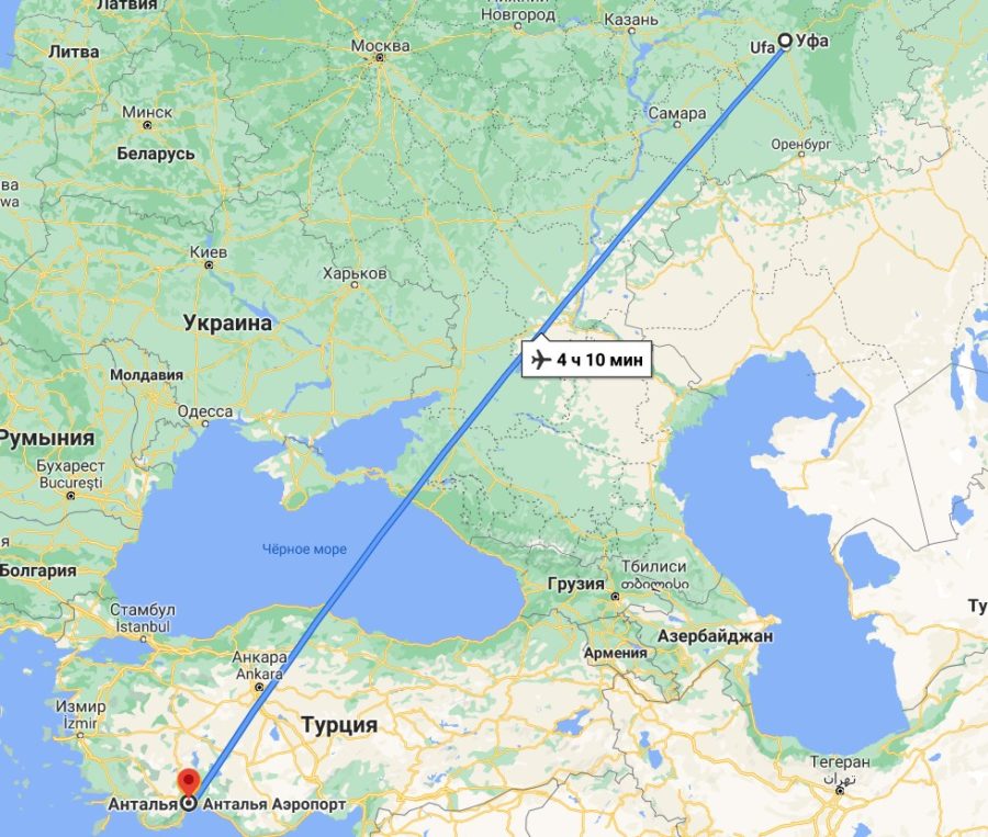 Примерный маршрут движения самолетов из России в Анталию