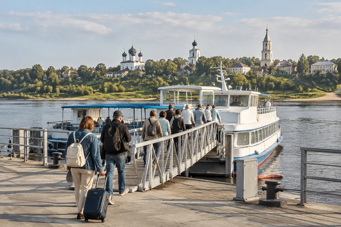 Туристы поднимаются по трапу на борт речного теплохода